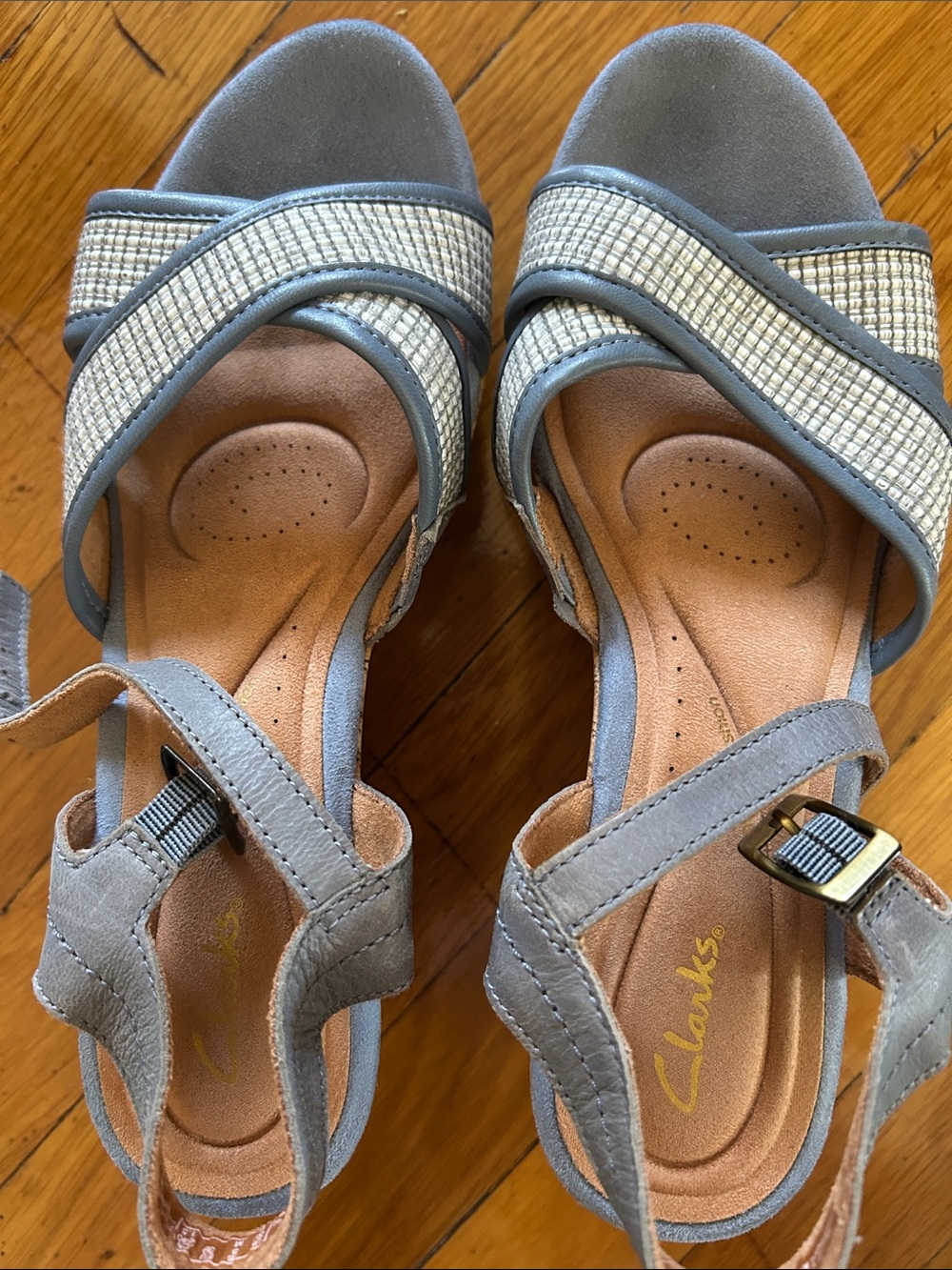 Clarks Bluish Gray and Cream Wedge Sandals